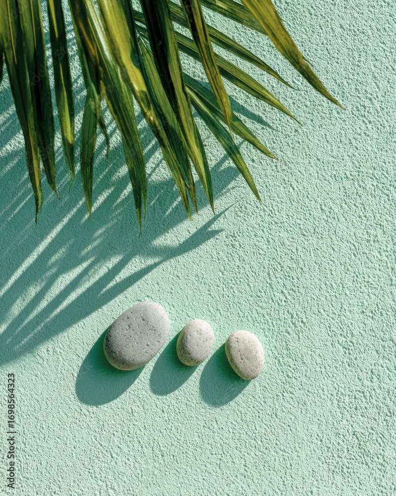 Obraz premium Minimalist tropical flat lay with palm shadow and stones