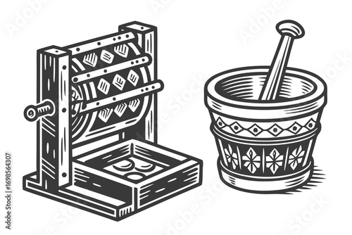 Vintage mechanical device and mortar pestle illustration
