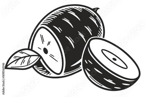 Stylized black and white illustration of a whole and halved kiwi fruit