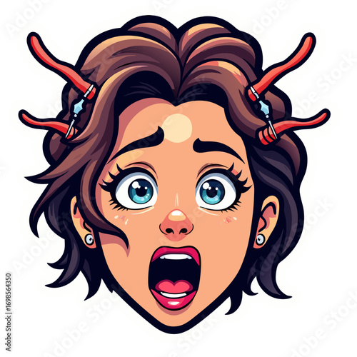 Surprised Woman with Hair Tools Expressing Shock and Disbelief.