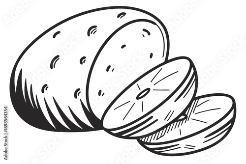 Hand drawn illustration of a potato and two sliced potatoes