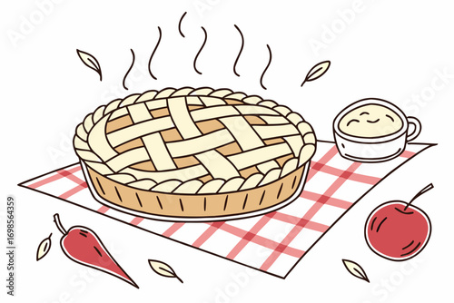 Hot apple pie with whipped cream and cherry on plaid napkin