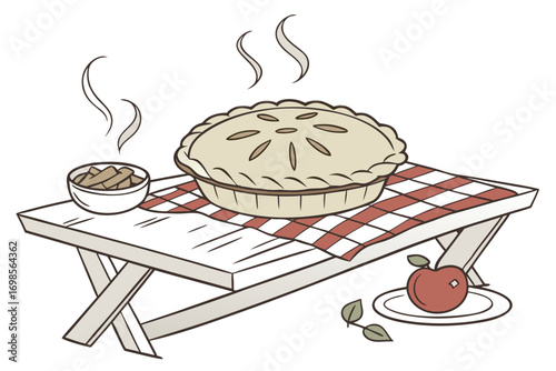 Freshly baked apple pie on a picnic table