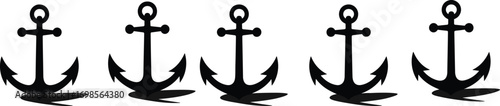 Set of black anchor icons, marine symbol design, nautical vector elements, ship anchor silhouettes, sea navigation art, isolated graphic style