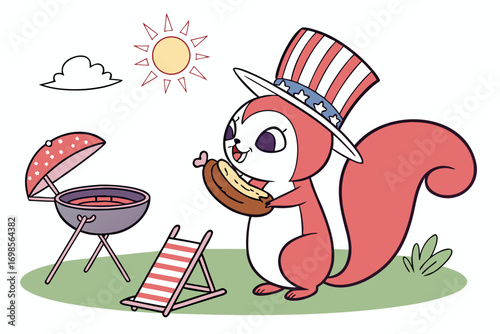 Cute squirrel in uncle sam hat enjoys a hot dog at a backyard barbecue