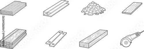 Black and white isometric vector illustration of construction materials and tools including wood planks, metal pipes, stones, metal plates, and an electric grinder.