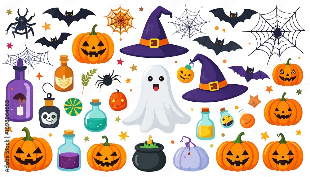 Fototapeta premium Whimsical Halloween Assortment of Cartoon Elements for Festive Designs