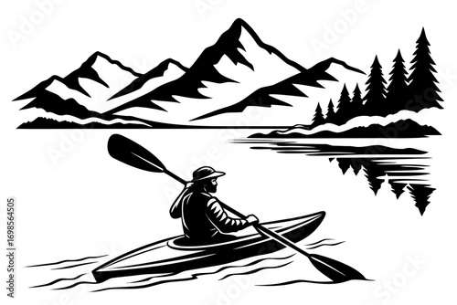 Kayaker paddles on a lake with mountain and forest background