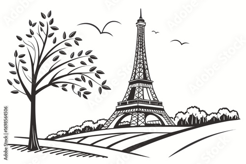 Eiffel tower and tree silhouette with birds flying