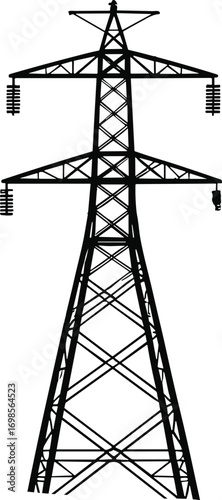 Black and White Vector Illustration of a High Voltage Electric Transmission Tower with Power Lines for Energy Infrastructure and Utility Industry Design