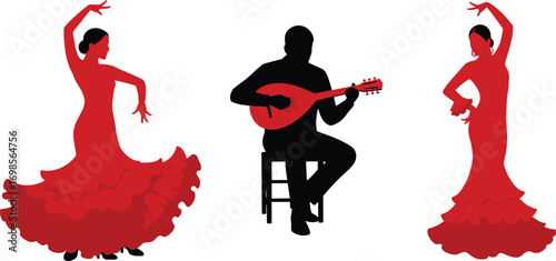 Spanish flamenco dancers in vibrant red dresses performing traditional dance, accompanied by a musician playing guitar, cultural art, passion, and rhythm.