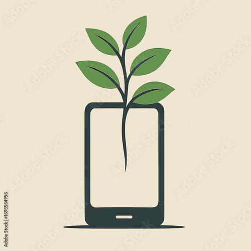 Smartphone with a plant growing out of it on a light background