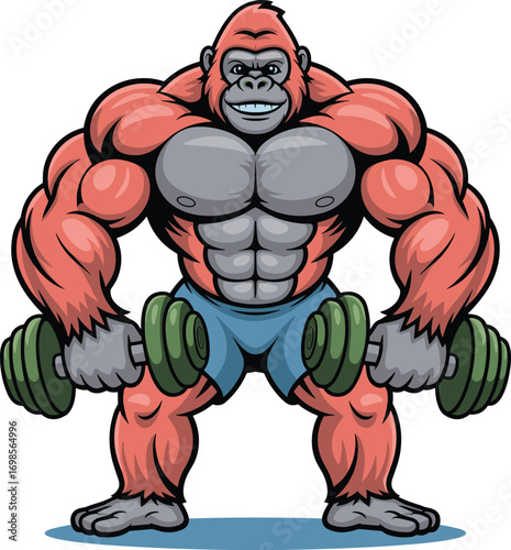 Strong muscular gorilla lifting dumbbells, fitness animal cartoon, bodybuilding gorilla illustration, gym 