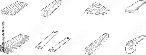 Isometric black and white vector illustration of construction materials and tools including corrugated sheets, metal pipes, wood planks, stones, and an electric grinder.