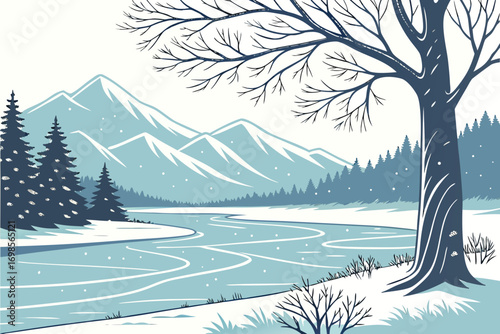Serene winter landscape with snow covered mountains and frozen river