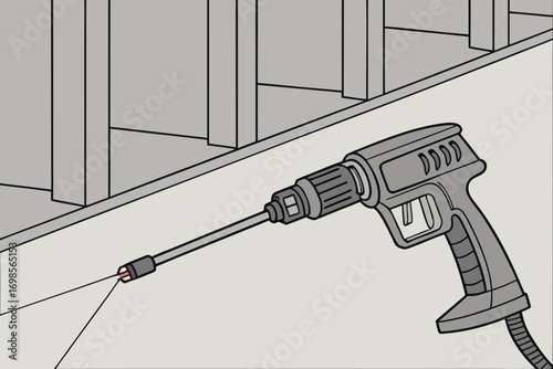 Drill with a spray nozzle attachment spraying liquid