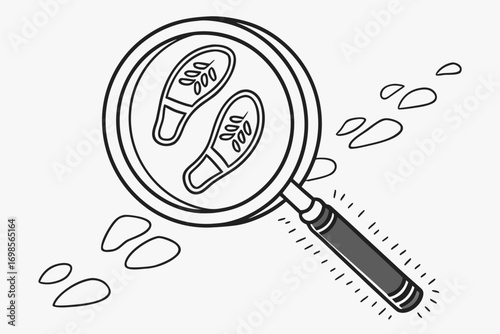 Magnifying glass examining footprints for clues