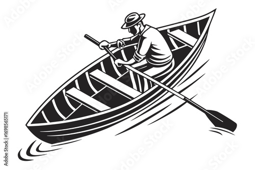 Man rowing a boat with a hat and oars
