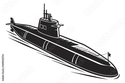 Stylized black and white illustration of a submarine