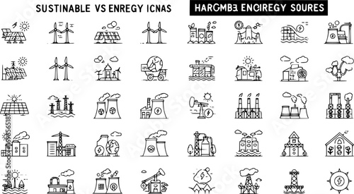 Energy sources, sustainable vs harmful. Vector thin line icons with eco and fossil fuel plants, factories, stations and energy generators