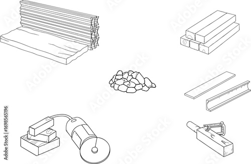 Isometric black and white vector illustration of construction materials and tools including wooden planks, stones, metal profiles, and an electric grinder for building.