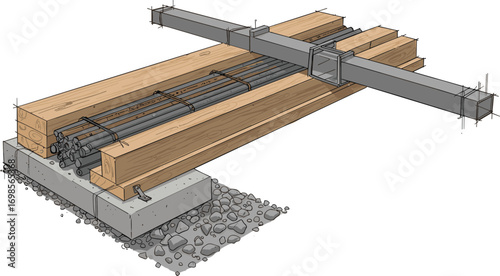 Isometric construction materials bundle illustration with wooden beams, metal rods, concrete foundation, and gravel for building, carpentry, and industrial projects.