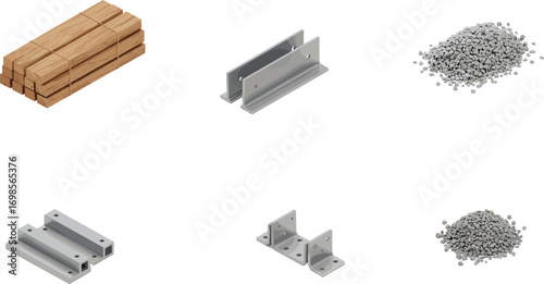 Isometric construction materials set featuring stacked wooden planks, metal beams, brackets, and gravel piles, detailed vector illustration for industrial building projects.