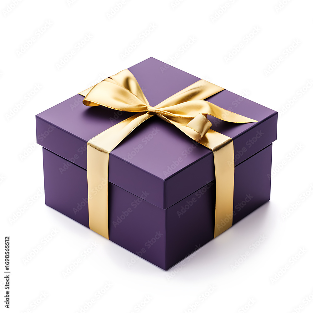Obraz premium Elegant purple gift box with luxurious gold ribbon, perfect for celebrating special occasions, birthdays, holidays, and expressing heartfelt appreciation with style and sophistication.