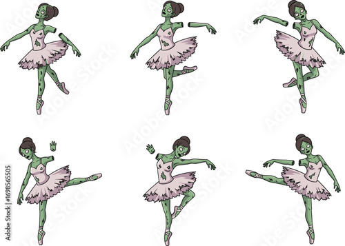 Zombie ballerina in pink tutu, creepy undead dancer, Halloween costume character, horror ballet, spooky cartoon undead ballerina clipart