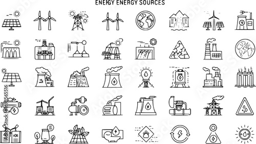 Energy sources, sustainable vs harmful. Vector thin line icons with eco and fossil fuel plants, factories, stations and energy generators