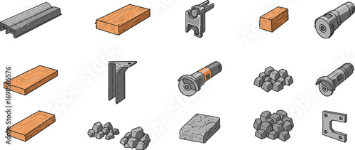 Isometric construction tools and materials set including wooden planks, metal brackets, angle grinder, stones, and metal parts, detailed vector illustration.
