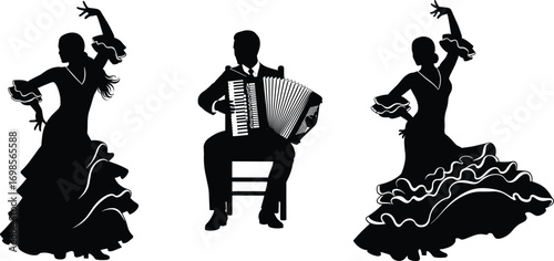 Traditional Spanish Flamenco dancers performing passionate dance with a musician playing accordion, showcasing vibrant culture, rhythm, and elegant costumes.