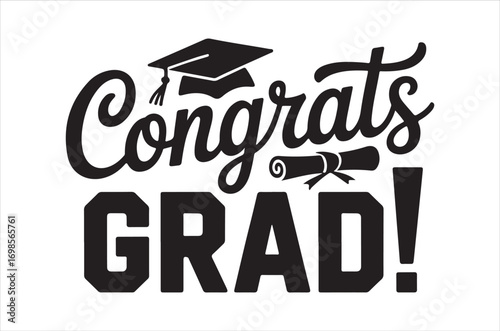 A black graduation cap with a gold tassel, "CLASS OF 2025" text, "CONGRATS!", a rolled diploma, and scattered stars, vector on white background. 