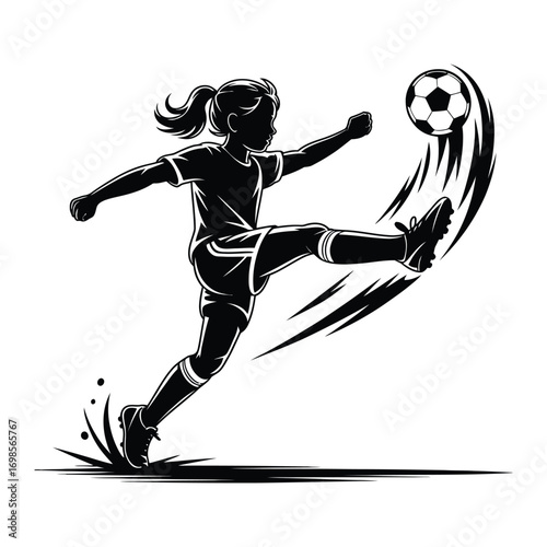 Dynamic Silhouette Illustration of a Girl Powerfully Kicking a Soccer Ball with Great Precision and Skillful Execution Displayed in Black and White