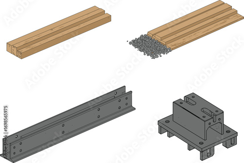 Isometric vector illustration of construction materials including lumber, concrete with gravel, steel beam, and metal foundation bracket for building and engineering projects