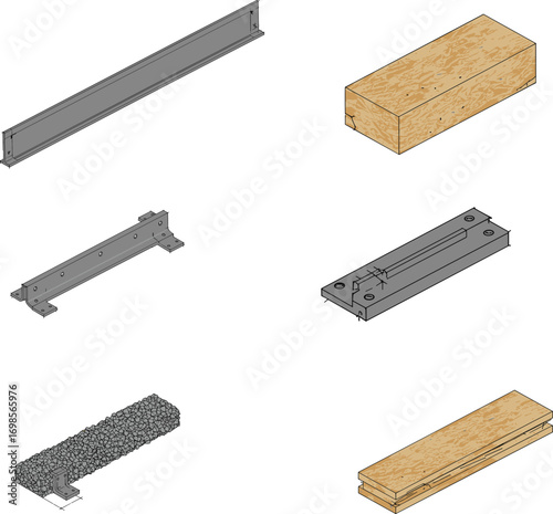 Isometric vector illustration of construction materials including steel beams, wooden blocks, metal brackets, and concrete parts for building and structural engineering projects