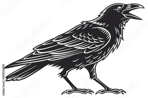 Stylized black raven with open beak and detailed feathers