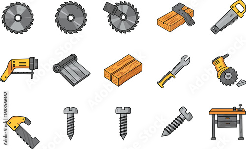 Isometric vector illustration of woodworking tools, saw blades, screws, wooden planks, and a workbench for carpentry, construction, and DIY projects.