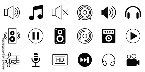 set of black and white music icons. Contains such Icons as guitar, headphones, musical note, vinyl record, speaker, sound, radio, piano and more. audio sound volume music level. Vector illustration.