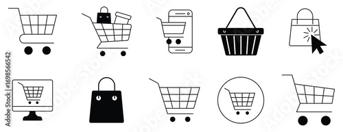 Shopping cart silhouette and line icon set. Trolley and grocery basket. Black color flat style outline icons. Buy on market or supermarket. Vector illustration. 