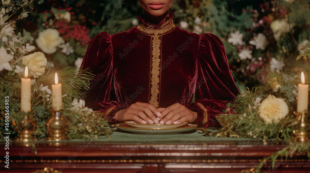 Obraz premium An elegant woman in a luxurious red velvet dress sits at a festive, candlelit dinner table for a Christmas or New Year's celebration