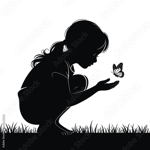 Silhouette of a Young Girl Gazing at a Butterfly in Her Hand, Surrounded by Grass, Demonstrating Curiosity