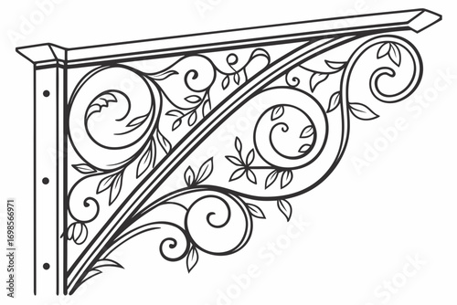 Ornate black metal bracket with scrollwork and leaf motifs