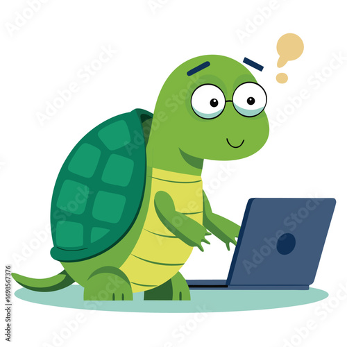 Cute cartoon turtle wearing glasses typing on a laptop computer animal character