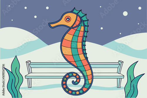 Colorful seahorse illustration with a bench and snowy background