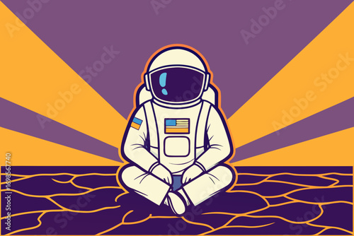 Astronaut meditating on a desolate planet with rays of light