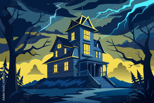 Haunted house with lightning strikes during a storm