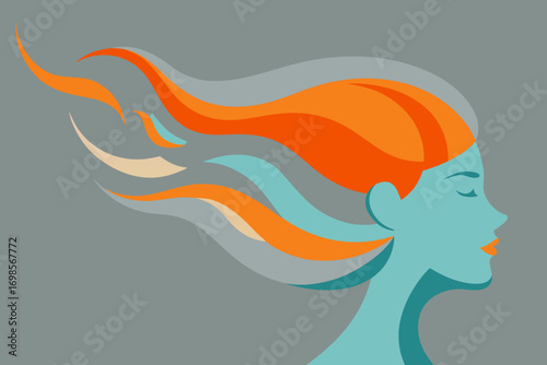 Profile of a woman with flowing orange and blue hair