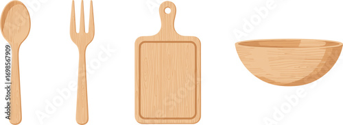 Set of Wooden Kitchen Utensils Including Spoon, Fork, Cutting Board, and Bowl Isolated on White Background for Cooking and Culinary Designs