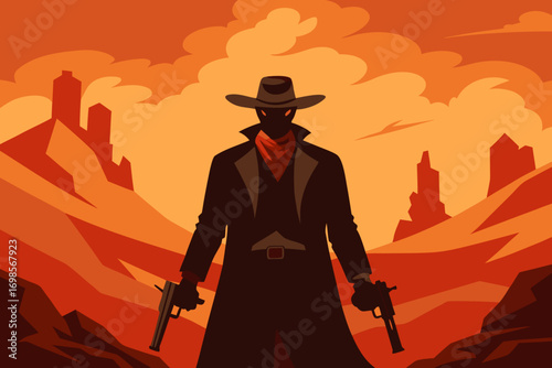 Silhouette of a cowboy with guns at sunset